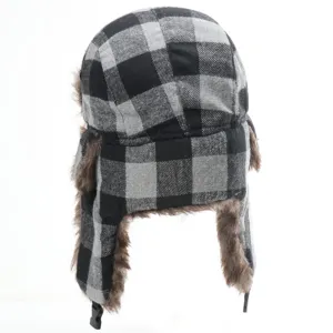 Unisex black grey plaid bomber hat with thick brown faux fur earflaps for winter outdoor skiing.
