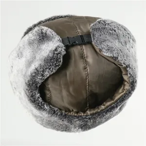 Thickened thermal ushanka hat detail, windproof faux fur ear flaps, adjustable outdoor gear.