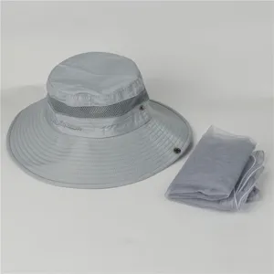 Summer outdoor sun protection fishing bucket hat with mosquito net mesh for hiking and camping.
