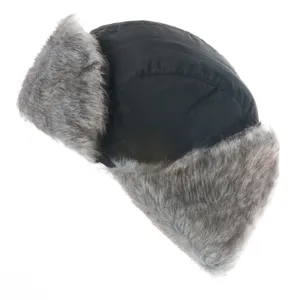 Winter black bomber hat with gray faux fur earflaps, windproof thermal outdoor cap.