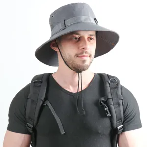 Men Outdoor Sun Hat Breathable Wide Brim Bucket Hat Hiking Fishing Cap UV Protection Gray