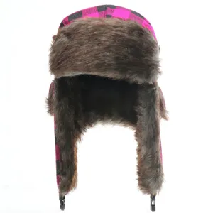 Detailed front view of the pink and black plaid winter bomber hat with thick brown faux fur.