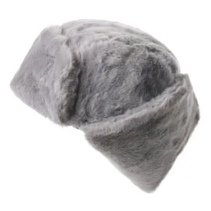 Grey faux fur ushanka hat detail view, thick plush winter warm trooper hat with earflaps.