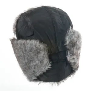 Detail view of the black winter ushanka hat with grey faux fur earflaps and adjustable strap.