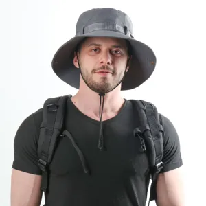 Men's Summer Sun Protection Bucket Hat Breathable Outdoor Fishing Cap Wide Brim Foldable Solid Color Polyester Hat