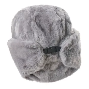 Gray faux fur ushanka winter hat detail, warm fleece earflap cap with adjustable back buckle.