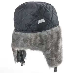 Winter windproof trooper hat with warm faux fur earflaps, black quilted thermal bomber cap for outdoor.