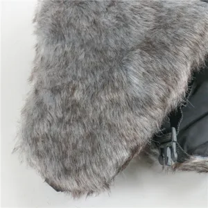 Close-up of the plush faux fur trapper hat detail, showing soft texture and adjustable buckle.