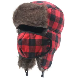 Red black plaid trapper hat winter ushanka windproof bomber hat with face mask detail view
