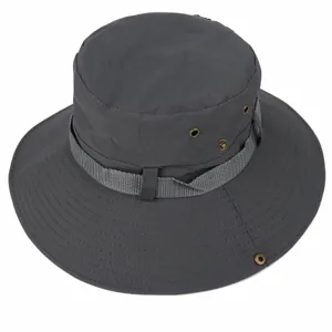 Dark grey outdoor sun hat detail, breathable mesh design, adjustable strap for hiking fishing.