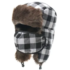 Unisex black and white plaid trapper hat with warm faux fur earflaps and removable face mask.