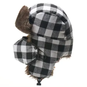 Plaid trapper hat winter ski warm windproof cap with earflaps and face mask for outdoor sports.