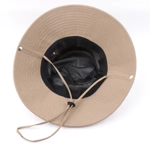 Outdoor sun protection bucket hat with mesh lining, adjustable chin strap, khaki color.