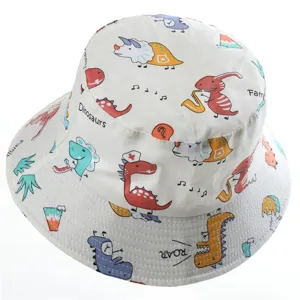 Kids cotton bucket hat with cute dinosaur prints, casual outdoor sun protection sunhat.