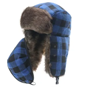 Blue and black buffalo plaid trapper hat detail showing thick brown faux fur lining and ear flap.