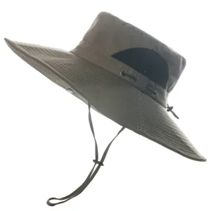 Detail view of khaki outdoor sun hat, featuring wide brim with mesh panels and chin cord.