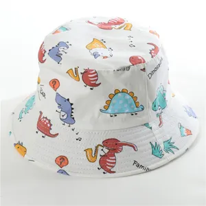 Kids cotton bucket hat with cute dinosaur print, breathable summer sun protection hat for toddlers.