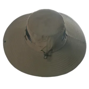 Close-up detail of wide brim outdoor sun hat with breathable mesh for hiking and fishing