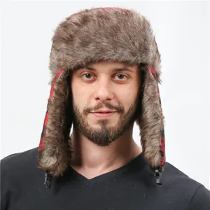 Unisex winter trapper hat with thick faux fur and red plaid pattern for outdoor skiing and warmth.