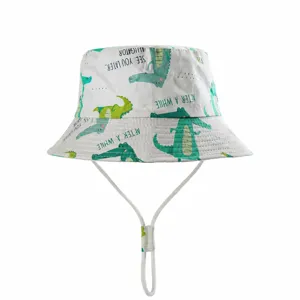 Kids cotton bucket hat with cute cartoon crocodile print for outdoor sun protection.