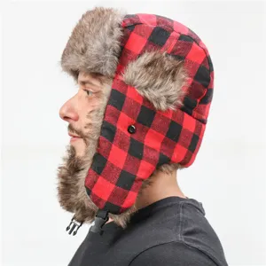 Unisex red black plaid ushanka trapper hat, thick warm winter ski earflap aviator cap.