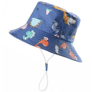 Kids blue cotton dinosaur bucket hat chin strap cute cartoon sun protection outdoor cap