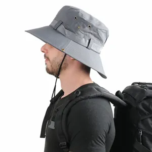 Men's outdoor grey bucket hat, breathable sun protection fisherman hat for hiking and fishing.