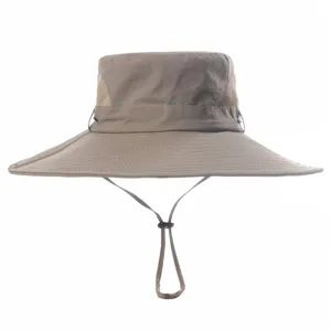 Close-up of the breathable mesh detail and adjustable chin cord on the outdoor sun hat.