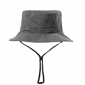 Grey bucket hat with adjustable chin strap, head circumference 54-59cm, sun protection.
