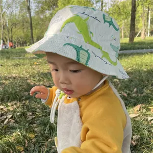Kids outdoor sun protection bucket hat pure cotton cute cartoon crocodile print design summer wear