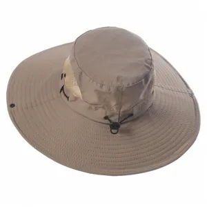 Khaki outdoor sun hat with wide brim, breathable mesh crown and adjustable drawstring for summer.