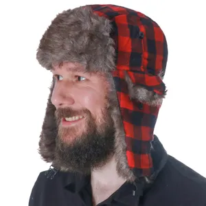 Red black plaid ushanka hat detail view, thick faux fur earflap winter bomber hat for outdoor ski.
