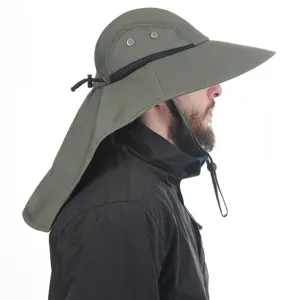 Outdoor sun protection hat with neck flap wide brim breathable mesh fishing cap for men women