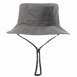 Detailed view of the casual grey bucket hat with adjustable black chin strap for outdoor sun.