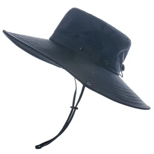 Unisex outdoor sun hat featuring wide brim, breathable mesh panels and adjustable chin strap.