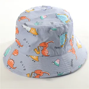 Kids cotton bucket hat with cute dinosaur print, casual sun protection hat for outdoor use.