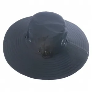 Waterproof wide brim sun hat with breathable mesh and adjustable strap for outdoor hiking.