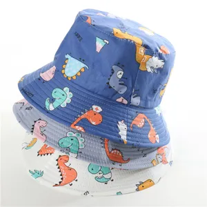 Cute dinosaur print cotton kids bucket hat, breathable outdoor sun protection fisherman hat.