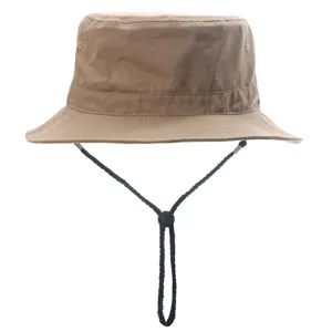 Khaki bucket hat for men and women, adjustable chin strap, casual sun protection cap.