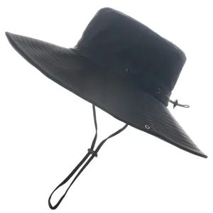 Waterproof outdoor sun hat with wide brim, breathable mesh and chin strap for hiking and fishing.