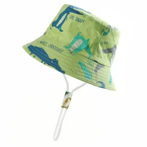 Kids cartoon crocodile bucket hat detail, pure cotton sun protection outdoor hat for summer.