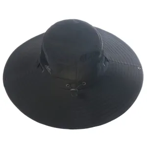 Breathable mesh and wide brim detail of the black outdoor sun hat for summer hiking.