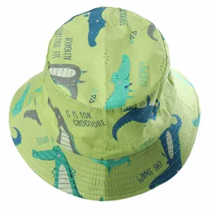 Kids cotton bucket hat with cute crocodile print, perfect for outdoor summer sun protection.