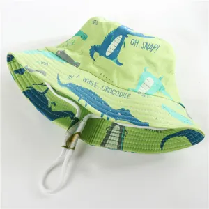 Kids cotton bucket hat with cute crocodile print, outdoor sun protection hat for summer.