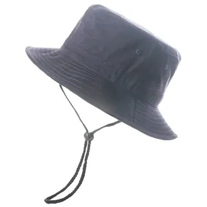Dark blue bucket hat with adjustable chin strap, sun protection detail view, casual outdoor wear.
