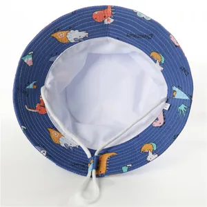 Kids cotton bucket hat with cute dinosaur print, breathable sun protection outdoor hat.