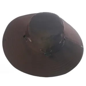 Detailed view of the brown wide-brim sun hat with breathable mesh and chin strap.
