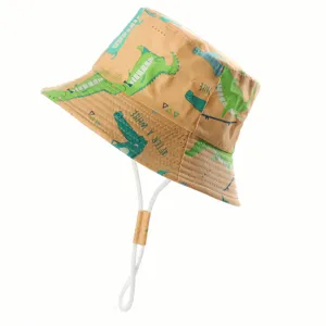 Kids cartoon crocodile print bucket hat, cotton sun protection outdoor summer hat with chin strap.