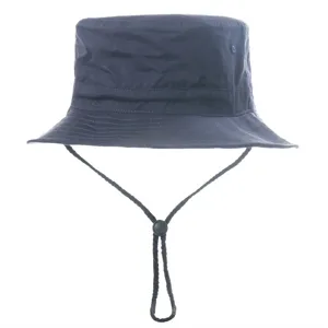 Detailed view of navy blue bucket hat with adjustable chin strap for sun protection.