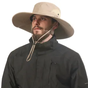 Close-up view of the wide-brim outdoor sun hat with breathable mesh and wind strap in khaki.